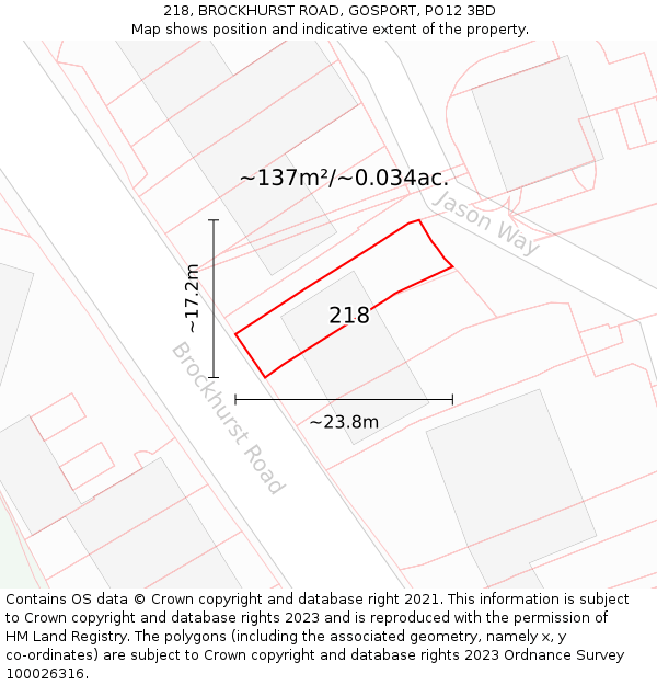 218, BROCKHURST ROAD, GOSPORT, PO12 3BD: Plot and title map