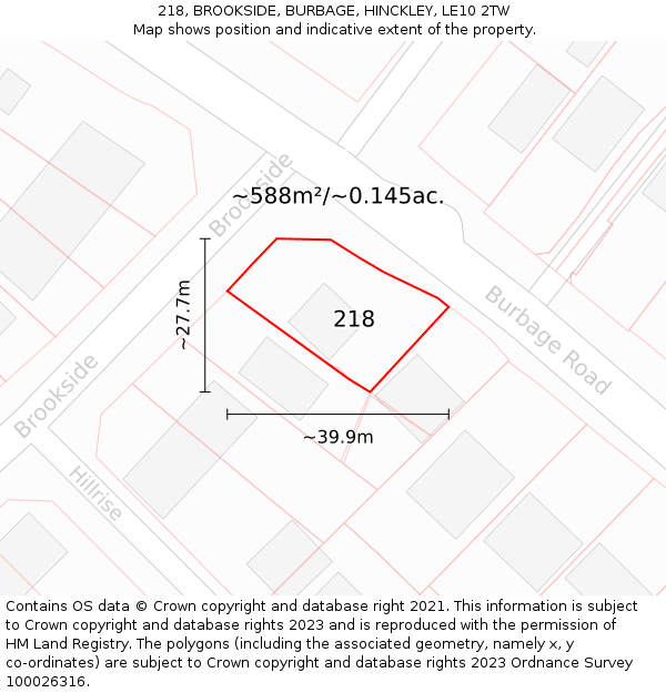 218, BROOKSIDE, BURBAGE, HINCKLEY, LE10 2TW: Plot and title map