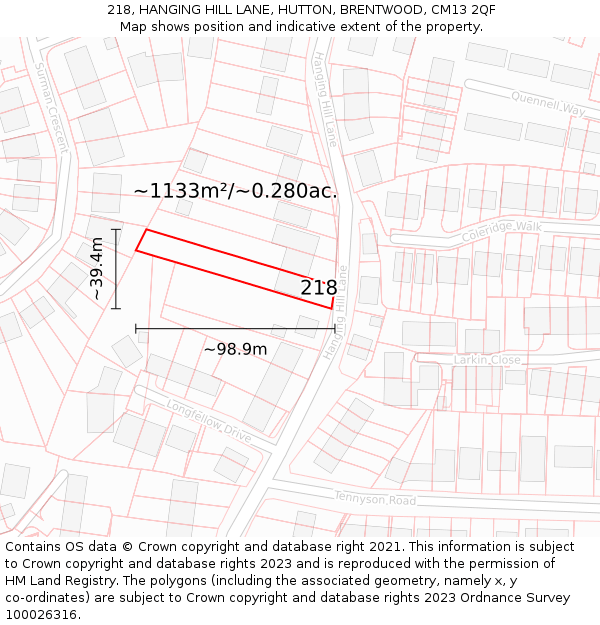 218, HANGING HILL LANE, HUTTON, BRENTWOOD, CM13 2QF: Plot and title map