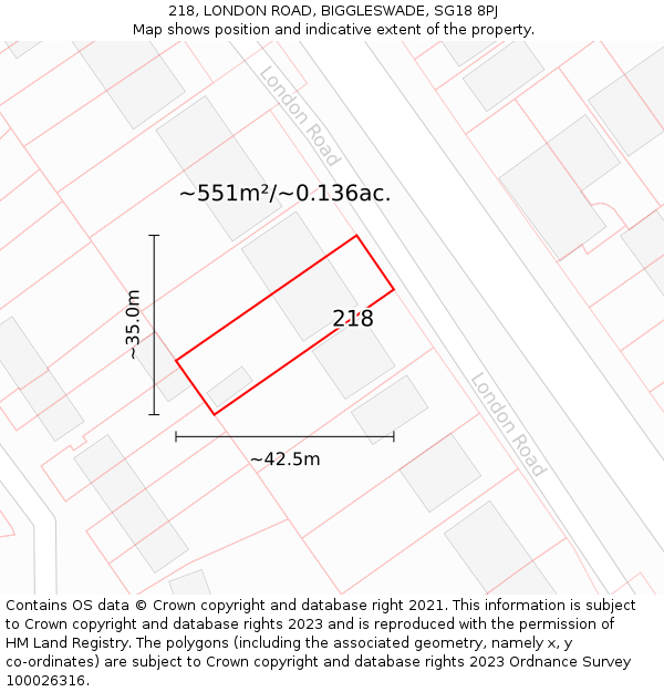 218, LONDON ROAD, BIGGLESWADE, SG18 8PJ: Plot and title map