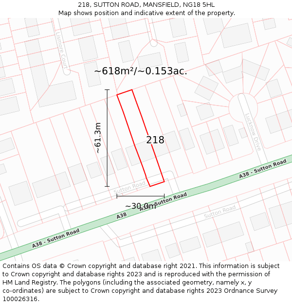 218, SUTTON ROAD, MANSFIELD, NG18 5HL: Plot and title map