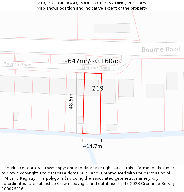 219, BOURNE ROAD, PODE HOLE, SPALDING, PE11 3LW: Plot and title map