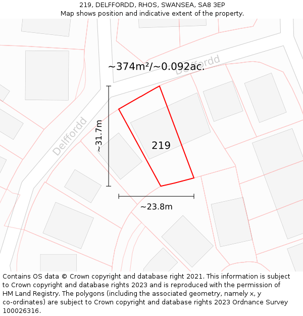 219, DELFFORDD, RHOS, SWANSEA, SA8 3EP: Plot and title map