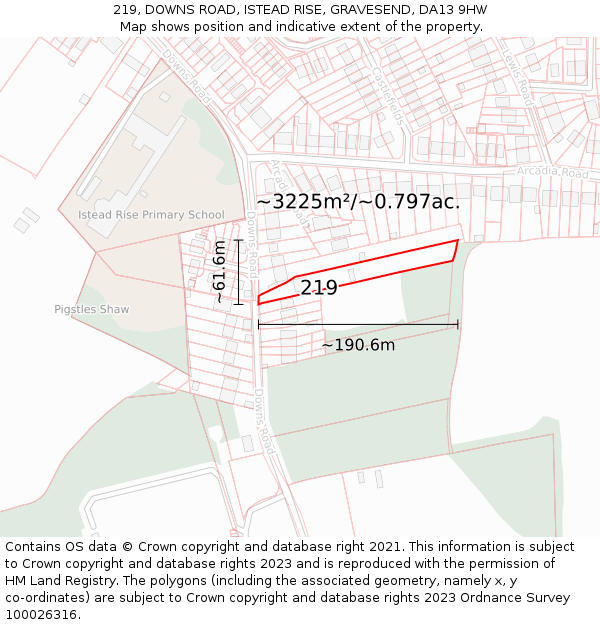 219, DOWNS ROAD, ISTEAD RISE, GRAVESEND, DA13 9HW: Plot and title map