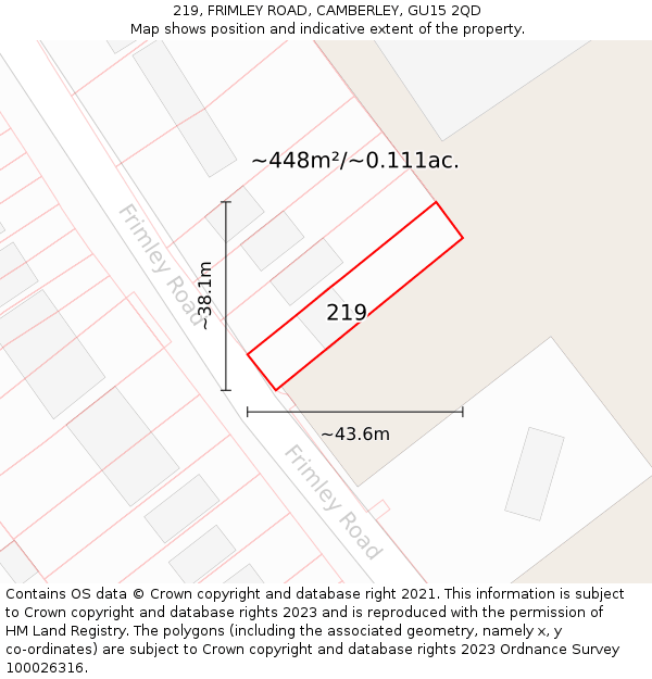 219, FRIMLEY ROAD, CAMBERLEY, GU15 2QD: Plot and title map