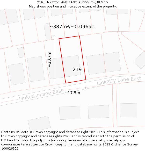 219, LINKETTY LANE EAST, PLYMOUTH, PL6 5JX: Plot and title map