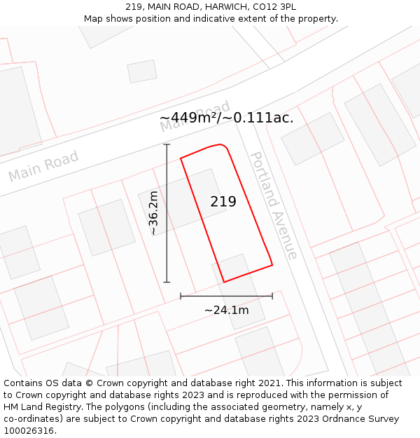 219, MAIN ROAD, HARWICH, CO12 3PL: Plot and title map