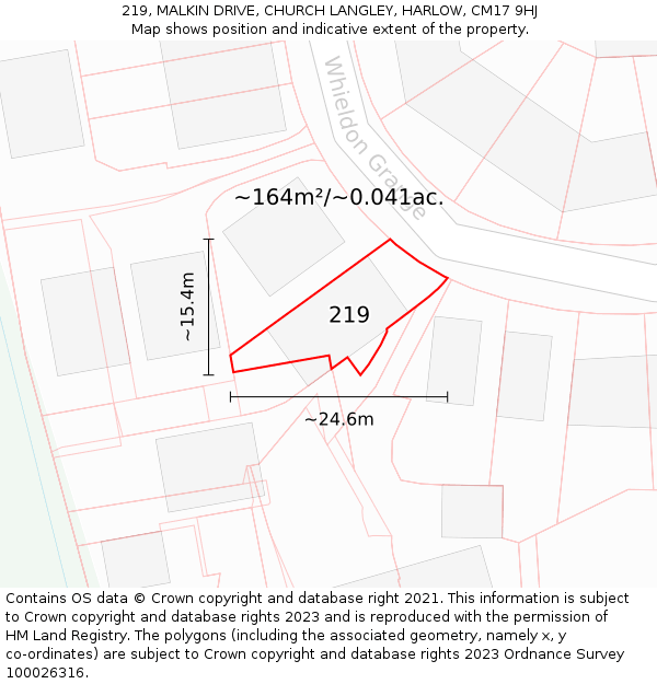 219, MALKIN DRIVE, CHURCH LANGLEY, HARLOW, CM17 9HJ: Plot and title map