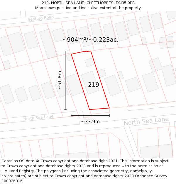 219, NORTH SEA LANE, CLEETHORPES, DN35 0PR: Plot and title map