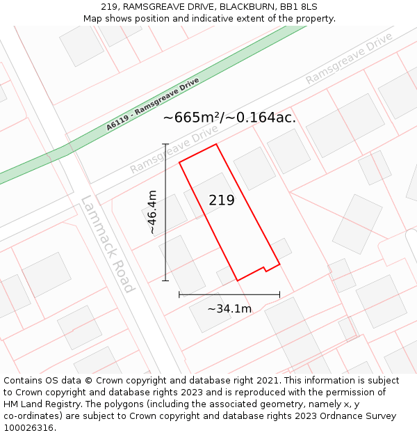 219, RAMSGREAVE DRIVE, BLACKBURN, BB1 8LS: Plot and title map