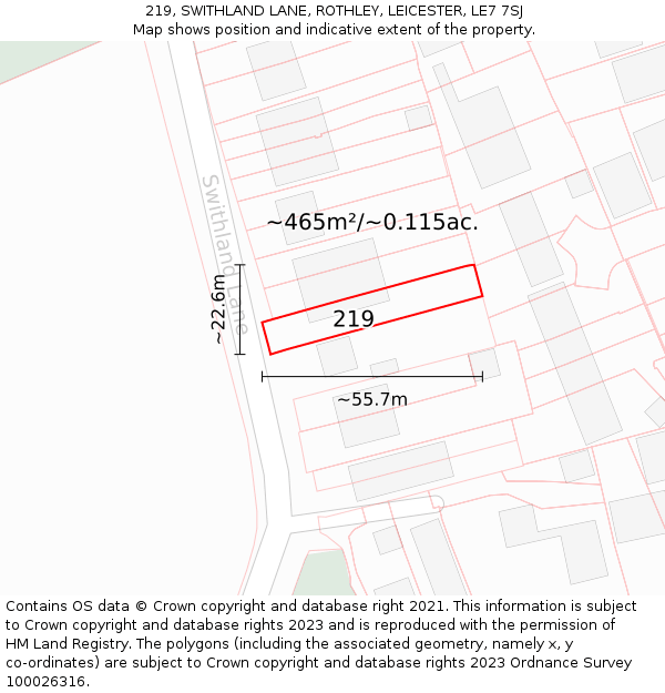 219, SWITHLAND LANE, ROTHLEY, LEICESTER, LE7 7SJ: Plot and title map
