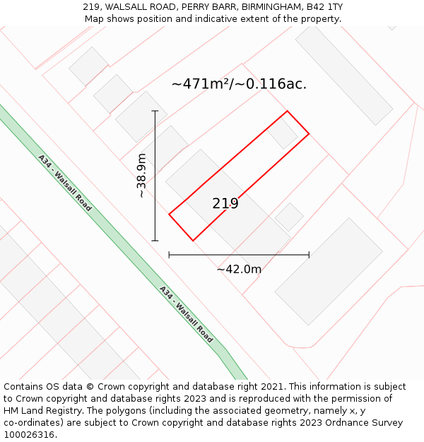 219, WALSALL ROAD, PERRY BARR, BIRMINGHAM, B42 1TY: Plot and title map