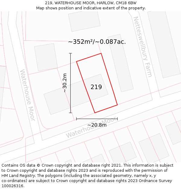 219, WATERHOUSE MOOR, HARLOW, CM18 6BW: Plot and title map