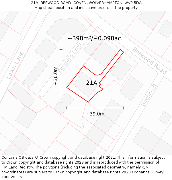 21A, BREWOOD ROAD, COVEN, WOLVERHAMPTON, WV9 5DA: Plot and title map