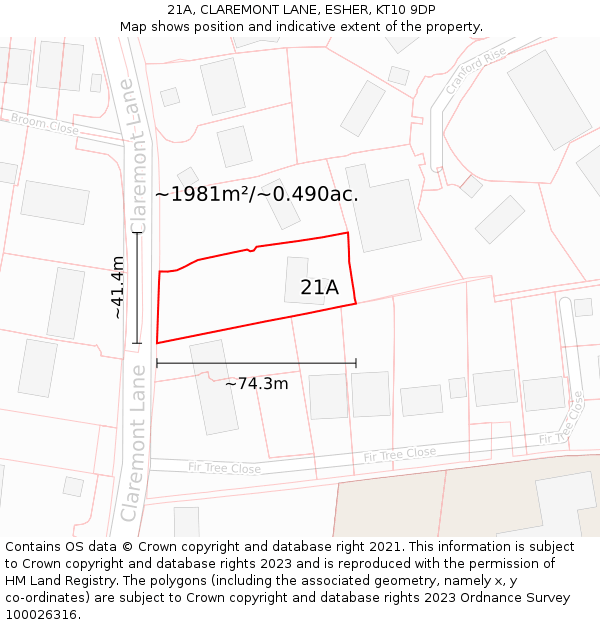 21A, CLAREMONT LANE, ESHER, KT10 9DP: Plot and title map