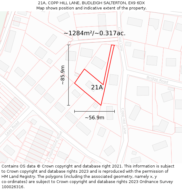 21A, COPP HILL LANE, BUDLEIGH SALTERTON, EX9 6DX: Plot and title map