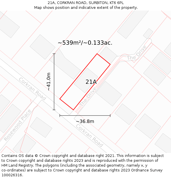 21A, CORKRAN ROAD, SURBITON, KT6 6PL: Plot and title map