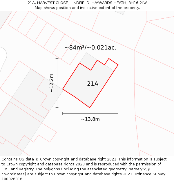 21A, HARVEST CLOSE, LINDFIELD, HAYWARDS HEATH, RH16 2LW: Plot and title map
