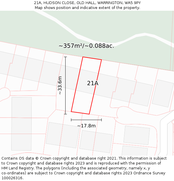 21A, HUDSON CLOSE, OLD HALL, WARRINGTON, WA5 9PY: Plot and title map