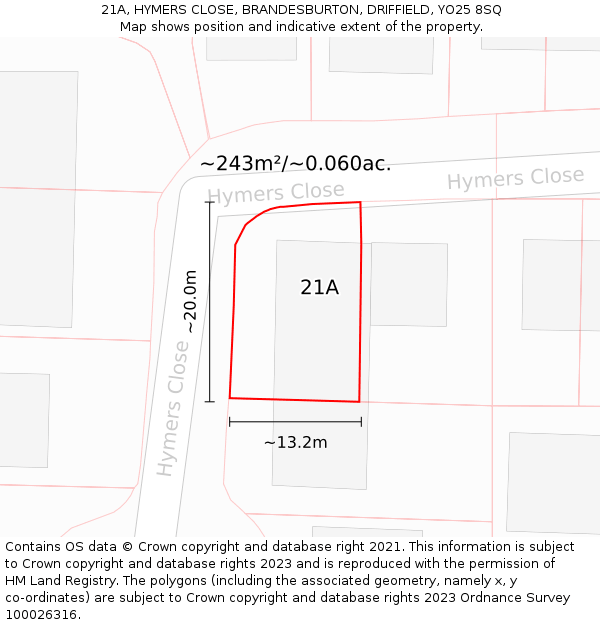 21A, HYMERS CLOSE, BRANDESBURTON, DRIFFIELD, YO25 8SQ: Plot and title map