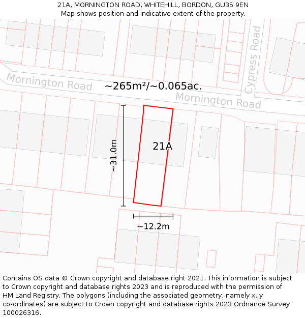 21A, MORNINGTON ROAD, WHITEHILL, BORDON, GU35 9EN: Plot and title map