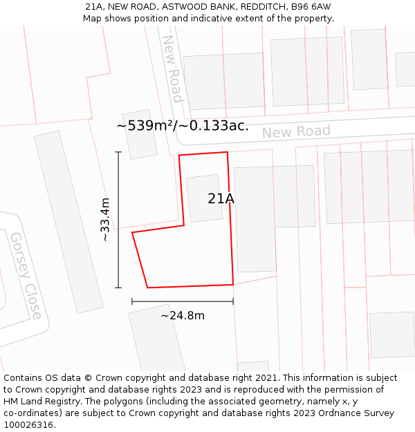 21A, NEW ROAD, ASTWOOD BANK, REDDITCH, B96 6AW: Plot and title map