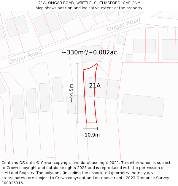 21A, ONGAR ROAD, WRITTLE, CHELMSFORD, CM1 3NA: Plot and title map