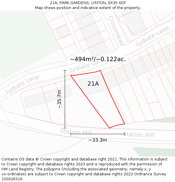 21A, PARK GARDENS, LYNTON, EX35 6DF: Plot and title map