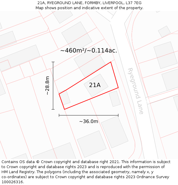 21A, RYEGROUND LANE, FORMBY, LIVERPOOL, L37 7EG: Plot and title map