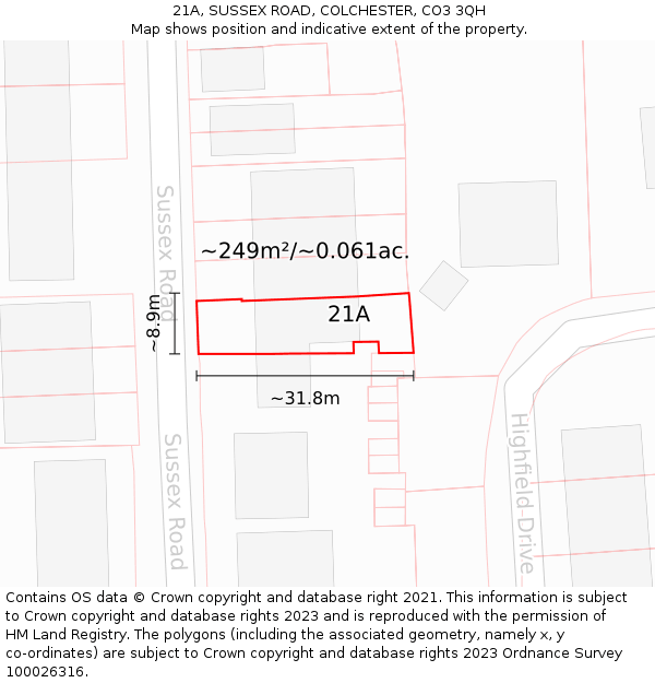 21A, SUSSEX ROAD, COLCHESTER, CO3 3QH: Plot and title map