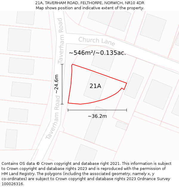 21A, TAVERHAM ROAD, FELTHORPE, NORWICH, NR10 4DR: Plot and title map