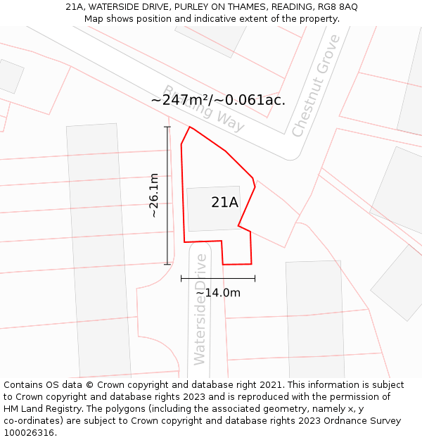 21A, WATERSIDE DRIVE, PURLEY ON THAMES, READING, RG8 8AQ: Plot and title map