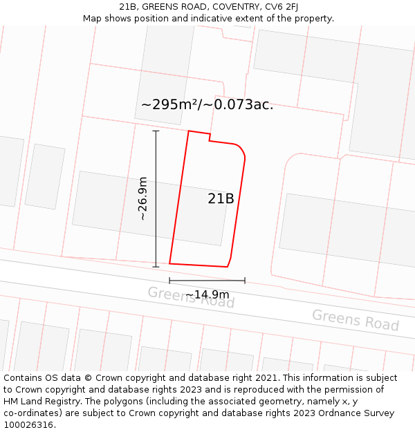 21B, GREENS ROAD, COVENTRY, CV6 2FJ: Plot and title map