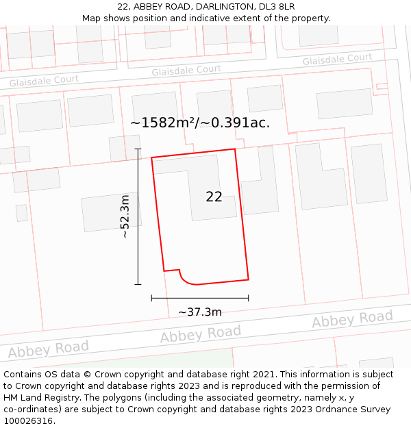 22, ABBEY ROAD, DARLINGTON, DL3 8LR: Plot and title map