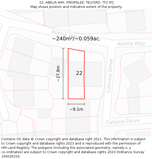 22, ABELIA WAY, PRIORSLEE, TELFORD, TF2 9TJ: Plot and title map