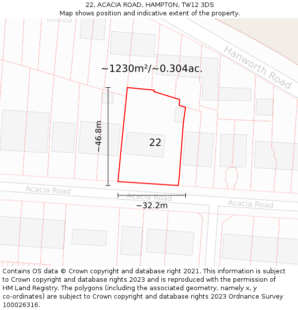 22, ACACIA ROAD, HAMPTON, TW12 3DS: Plot and title map