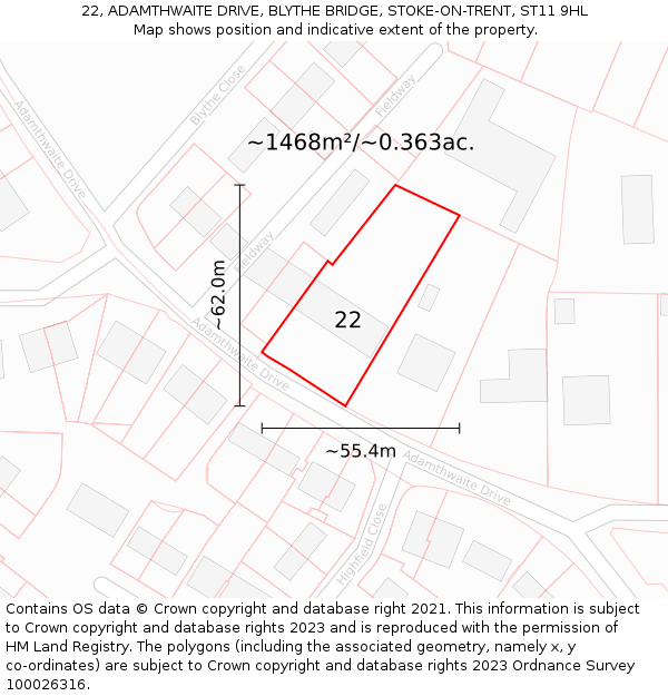 22, ADAMTHWAITE DRIVE, BLYTHE BRIDGE, STOKE-ON-TRENT, ST11 9HL: Plot and title map