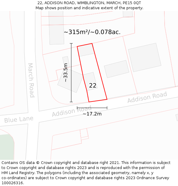 22, ADDISON ROAD, WIMBLINGTON, MARCH, PE15 0QT: Plot and title map