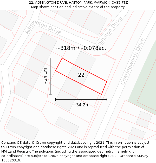 22, ADMINGTON DRIVE, HATTON PARK, WARWICK, CV35 7TZ: Plot and title map