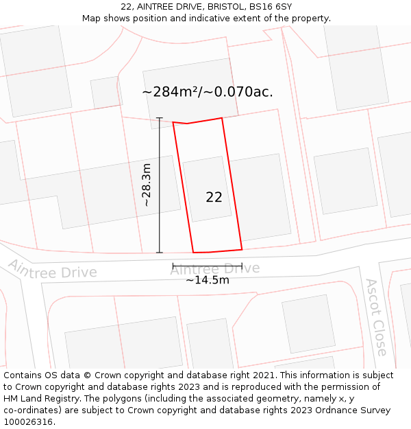 22, AINTREE DRIVE, BRISTOL, BS16 6SY: Plot and title map