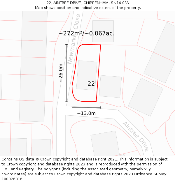 22, AINTREE DRIVE, CHIPPENHAM, SN14 0FA: Plot and title map