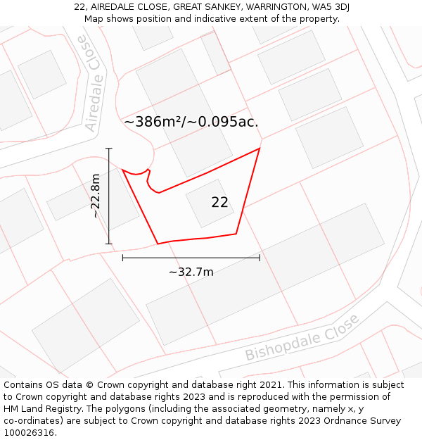 22, AIREDALE CLOSE, GREAT SANKEY, WARRINGTON, WA5 3DJ: Plot and title map