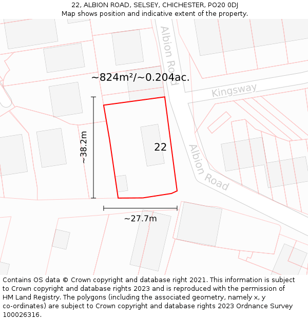 22, ALBION ROAD, SELSEY, CHICHESTER, PO20 0DJ: Plot and title map