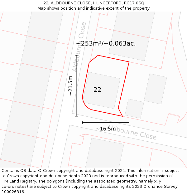 22, ALDBOURNE CLOSE, HUNGERFORD, RG17 0SQ: Plot and title map