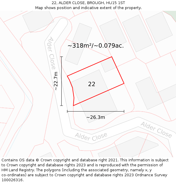 22, ALDER CLOSE, BROUGH, HU15 1ST: Plot and title map