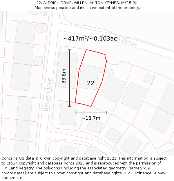 22, ALDRICH DRIVE, WILLEN, MILTON KEYNES, MK15 9JH: Plot and title map