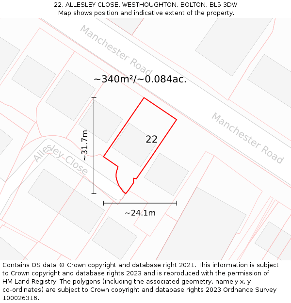 22, ALLESLEY CLOSE, WESTHOUGHTON, BOLTON, BL5 3DW: Plot and title map