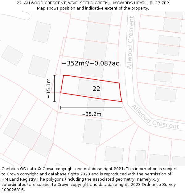 22, ALLWOOD CRESCENT, WIVELSFIELD GREEN, HAYWARDS HEATH, RH17 7RP: Plot and title map