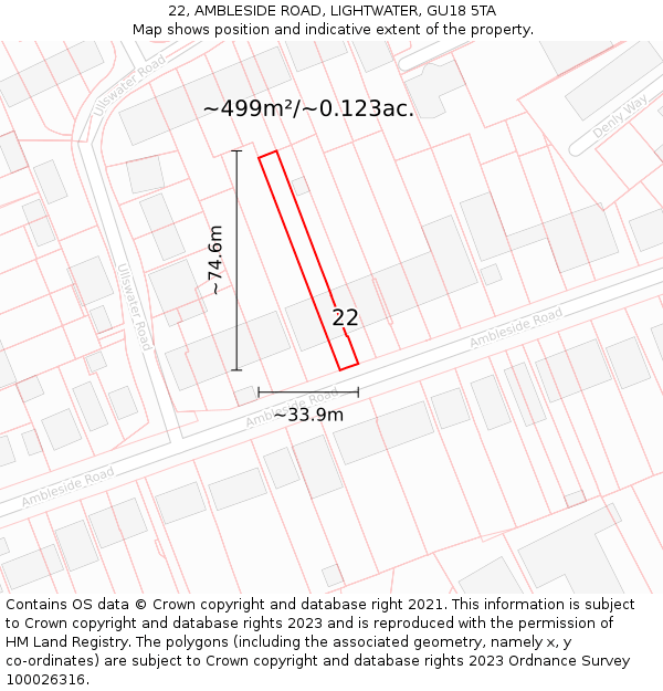 22, AMBLESIDE ROAD, LIGHTWATER, GU18 5TA: Plot and title map