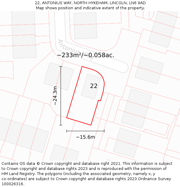 22, ANTONIUS WAY, NORTH HYKEHAM, LINCOLN, LN6 9AD: Plot and title map